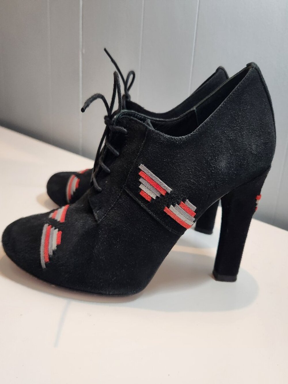 Patricia Blanchet black suede pumps heels ankle boots booties aztec southwestern